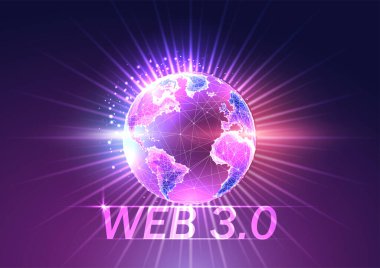 Web 3.0 gelecekteki teknoloji web sitesi kavramı. Üzerinde gelecekteki parlak düşük çokgen stili metin ve gezegen hologramı var. Koyu mavi ile mor gradyan arasında. Modern tasarım vektör illüstrasyonu.