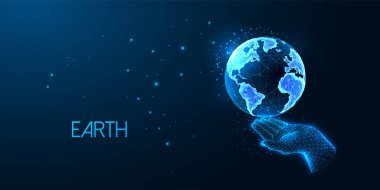 Sürdürülebilir kalkınma kavramı, dünya gezegeninin el ele tutuşması ile dost koyu mavi arka plan üzerinde parlak düşük çokgen tarzıyla. Modern soyut tasarım vektör çizimi.