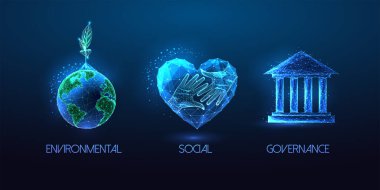 Concept of Environmental social governance ESG in futuristic glowing low poly style with planet earth, heart, hands and government building symbols on dark blue backgound. Modern vector illustration. clipart