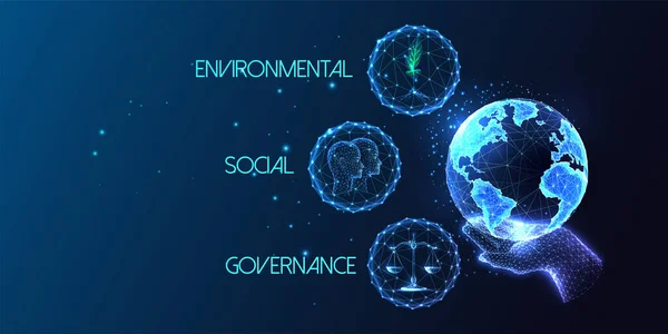 Çevresel sosyal yönetim kavramı ESG 'nin elele tutuşması Erath Globe' un koyu mavi arka planda parlak düşük çokgen tarzı. Modern soyut bağlantı tasarımı vektör çizimi.