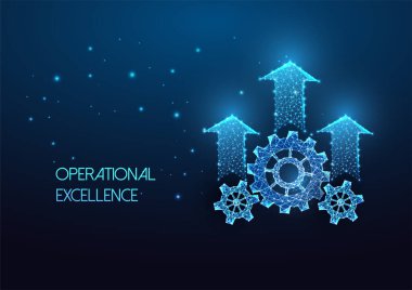 Concept of operational excellence with gears, cogwheels and up arrows in futuristic glowing low polygonal style on dark blue backgound. Modern abstract connection design vector illustration. clipart