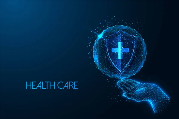 Concetto Protezione Medica Assicurazione Sanitaria Futuristico Stile Poligonale Basso Incandescente — Vettoriale Stock