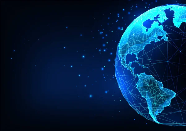 Koncept Globální Komunikace Mezinárodní Inovativní Obchod Planetou Země Futuristickém Zářícím — Stockový vektor