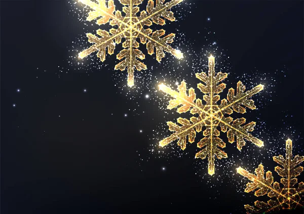 金の雪が黒の背景に未来的な輝く低多角形のスタイルでテキストのためのコピースペースとクリスマスの休日のバナーをフレーク 現代の抽象接続設計ベクトル図 — ストックベクタ
