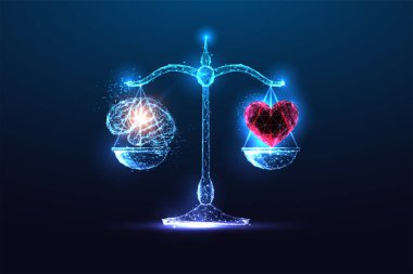 Concept of brain and heart balance, emotional intelligence, feelings an logics in futuristic glowing low polygonal style on dark blue backgound. Modern abstract connection design vector illustration. clipart