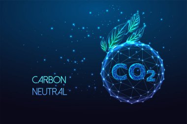 Karbon nötr, net sıfır emisyon konsepti kürenin içinde CO2 ve fütüristik olarak parlayan düşük çokgen şekilli yeşil yapraklar koyu mavi arka plan. Modern soyut tasarım vektör çizimi.