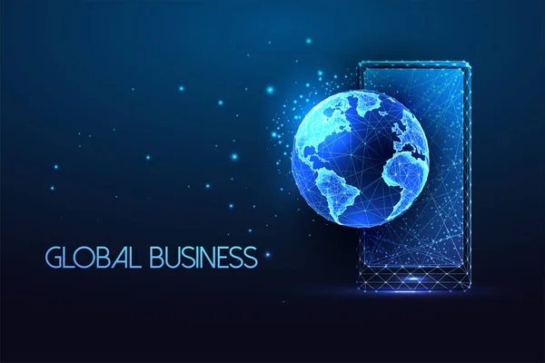 Concept Global Business Networking Smartphone Planet Earth Globe Futuristic Glowing —  Vetores de Stock