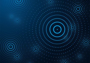 Noktalı daireleri olan soyut koyu mavi arka plan, su dalgaları. Soyut yatay halka pankartı. Modern bağlantı tasarımı vektör illüstrasyonu.