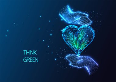 Kurumsal sosyal sorumluluk kavramı, insan eliyle sürdürülebilir yaşam tarzı mavi arka planda parlak düşük çokgen tarzlı yapraklarla kalbi önemseyen. Vektör illüstrasyonu.