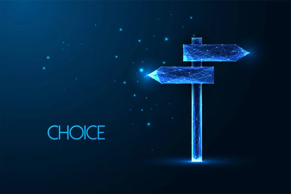 Choice Decision Concept Crossroad Signpost Different Direction Futuristic Glowing Low — Vetor de Stock