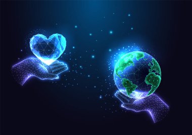 Sürdürülebilirlik, çevre dostu iş stratejisi kavramı. Mavi arka planda ellerin Dünya 'yı ve kalp şeklini fütüristik, düşük çokgen şeklinde tutması. Vektör illüstrasyonu