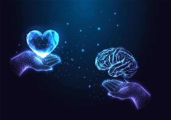 Emotional Intelligence Empathy Concept Hands Holding Brain Heart Shape Futuristic — Stok Vektör