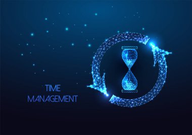 Time management concept with hourglass and cycle arrows symbol in futuristic glowing low polygonal style on dark blue backgound. Modern abstract connection design vector illustration.
