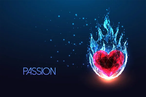 Passion Concept Red Heart Shape Flame Futuristic Glowing Low Polygonal — Stok Vektör