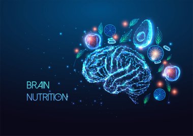 Brain nutrition, biohacking concept with human brain and healthy food in futuristic glowing low polygonal style on dark blue backgound. Modern abstract connection design vector illustration.
