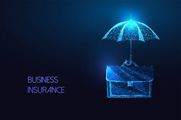 Business Insurance Concept Briefcase Protective Umbrella Futuristic Glowing Low Polygonal — Vetor de Stock
