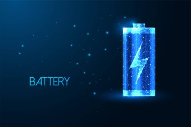 Abstract battery with charging symbol of in futuristic glowing low polygonal style isolated on dark blue background. Modern abstract connection design vector illustration.