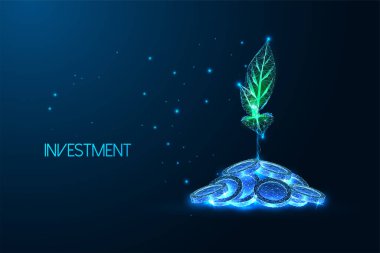Concept of investment, money savings with plant growing from coins in futuristic glowing low polygonal style on dark blue background. Modern abstract connection design vector illustration.