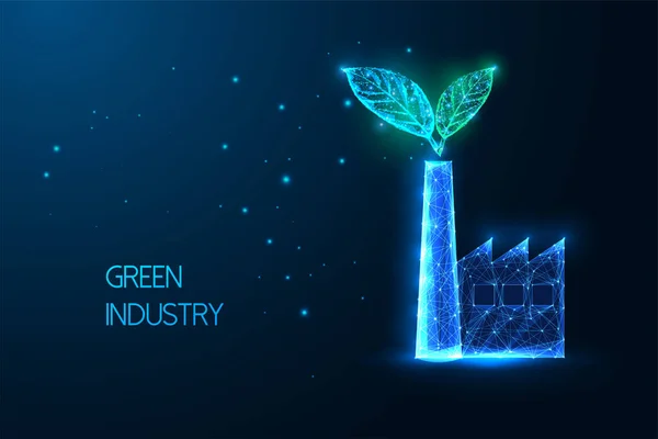 Green Industry Concept Factory Leaves Futuristic Glowing Low Polygonal Style — Stockvektor