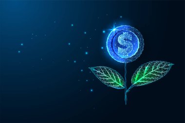 Concept of investment, income growth with plant with shiny coin as a flower in futuristic glowing low polygonal style on dark blue background. Modern abstract connection design vector illustration.