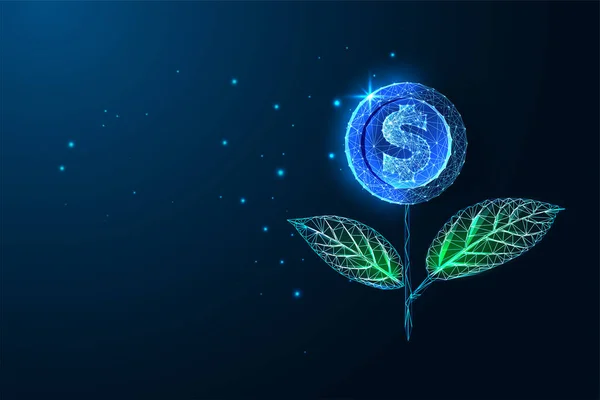 Concept Investment Income Growth Plant Shiny Coin Flower Futuristic Glowing — Stockvektor