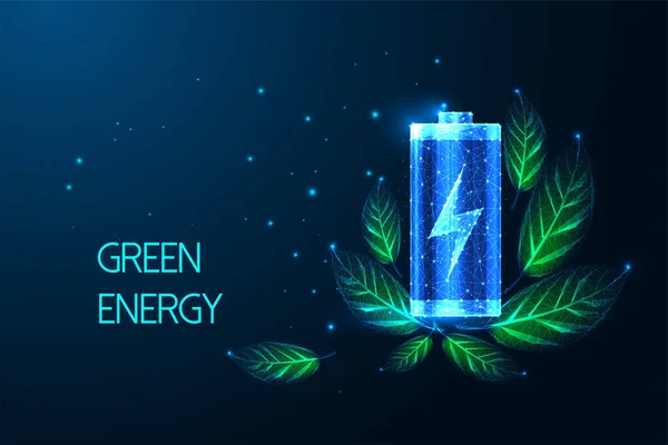 Concept Eco Sustainable Energy Charging Battery Green Leaves Futuristic Glowing — Stockvector