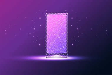 Abstract smartphone, cell phone in futuristic glowing low polygonal style isolated on purple background. Innovative technologies, virtual world concept. Modern connection design vector illustration.