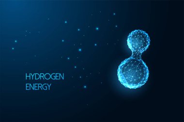Hydrogen molecule microscopic view on dark blue background. Alternative energy sources research concept. futuristic glowing low polygonal style. Modern abstract connection design vector illustration.