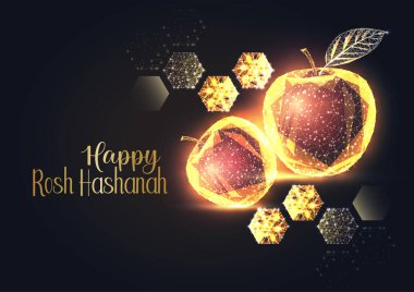 Happy Rosh Hashanah greeting card template with glowing gold apples and honeycomb in futuristic low polygonal style on black background. Modern abstract design vector illustration