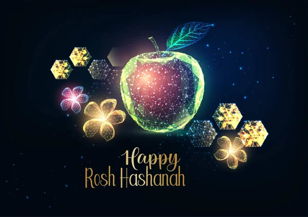 Happy Rosh Hashanah Greeting Card Template Glowing Apples Flowers Honey — Stock Vector