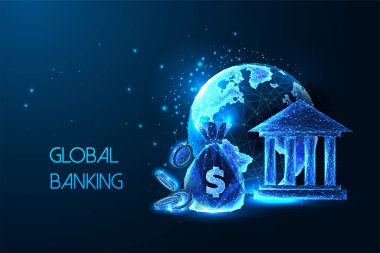 Dünya gezegenli küresel bankacılık sistemi kavramı, para çantası, madeni paralar ve koyu mavi arka planda parlak düşük çokgen tarzı banka binaları. Modern soyut tasarım vektör çizimi.