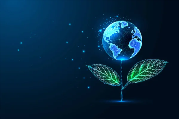 Futuristisch Leuchtende Niedrige Polygonale Pflanze Mit Planet Erde Globus Als — Stockvektor