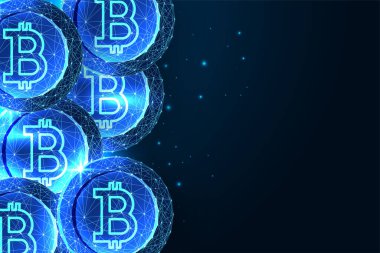 Bitcoin sikkeleri fütüristik parlayan lacivert arka planda düşük çokgen tarzında pankart. Sanal kripto para birimi kavramı. Modern soyut bağlantı tasarımı vektör çizimi.