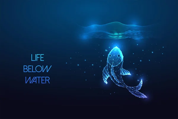 暗い青の背景に未来的な輝く低多角形のスタイルで水中魚と持続可能な開発目標の概念の一環として 水中での生活 現代抽象デザインベクトル図 — ストックベクタ