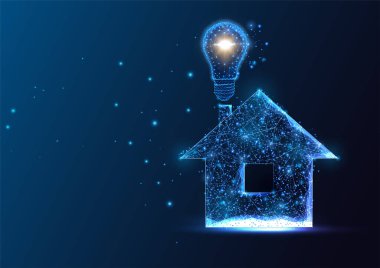 Enerji tasarruflu ev, ev enerjisi konsepti ampul ve ev sembolleri koyu mavi arka planda parlak düşük çokgen tarzında. Modern soyut bağlantı tasarımı vektör çizimi.