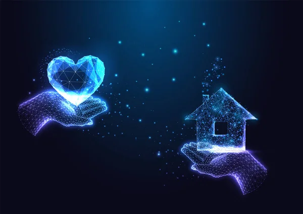 夢の家を購入するの概念は 暗い青の背景に未来的な輝く低多角形のスタイルで人間の手を保持する家や心のシンボルと家庭の愛 現代抽象デザインベクトル図 — ストックベクタ