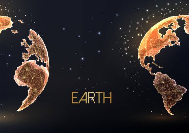 Altın Gezegen Dünya haritası, doğu ve batı yarımküreler siyah arka planda. Küreselleşme, uluslararası iş, bağlantı. Geleceğin parlayan düşük çokgen tarzı. Soyut vektör illüstrasyonu