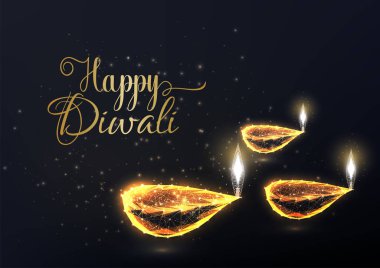 Mutlu Diwali zarif tebrik kartı şablonu altın parıldayan düşük çokgen Diya lambaları ve siyah arkaplan üzerine yazı. Hint ışık festivali bayram afişi. Vektör illüstrasyonu