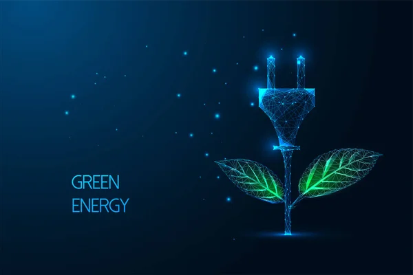 植物や電気プラグと再生可能エネルギーの概念は ダークブルーの背景に未来的な輝く低多角形のスタイルで花として 現代のワイヤーフレーム抽象デザインベクトルイラスト — ストックベクタ