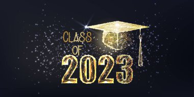 Siyah arka planda parlayan düşük çokgen altın mezuniyet şapkası ile 2023 sancak sınıfının gelecekteki mezuniyet konsepti. Modern tel çerçeve ağ tasarımı vektör çizimi.