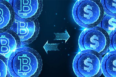 Şifreleme döviz kurları süreci kavramı. Bitcoin ve lacivert arka planda dolar sikkeleri. Geleceğin parlayan düşük çokgen tarzı. Modern kablo tasarım vektör çizimi