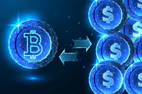 Kripto döviz kuru değeri kavramı. Bitcoin ve koyu mavi arka planda dolar sikkeleri. Geleceğin parlayan düşük çokgen tarzı. Modern kablo tasarım vektör çizimi