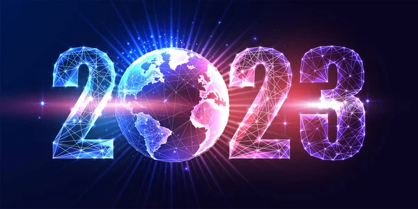 未来主义2023全球异质世界概念横幅深紫色粉红色和蓝色背景 2023新年国际联通企业数码网页横幅 现代抽象向量说明 — 图库矢量图片