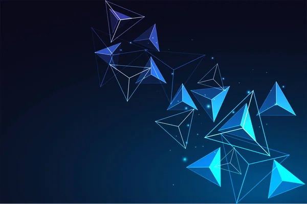 Abstraktní Futuristický Dynamický Prapor Zářícími Modrými Trojúhelníky Čtyřstěnami Tmavomodrém Pozadí — Stockový vektor
