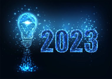 Soyut 2023 vizyon, koyu mavi arka planda parlak çokgen tarzında başlangıç konsepti afişi. Modern kablo tasarım vektör çizimi.