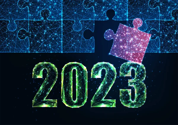 Soyut 2023 çözünürlük, koyu mavi arka planda parlak çokgen tarzında yapboz içeren strateji kavramı. Modern kablo tasarım vektör çizimi.