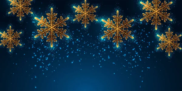 暗い青の背景にテキストのための輝く金の雪片とスペースとメリークリスマスデジタルウェブバナー グリーティングカードのテンプレート 未来的な低多角形抽象デザイン 現代的なベクトルイラスト — ストックベクタ