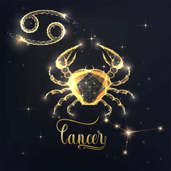 Cartel Signo Zodiacal Gold Cancer Con Figura Zodíaco Cangrejo Glifos — Vector de stock