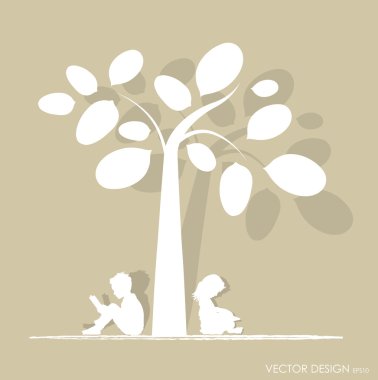 Vector background with children read a book under tree. Vector I clipart
