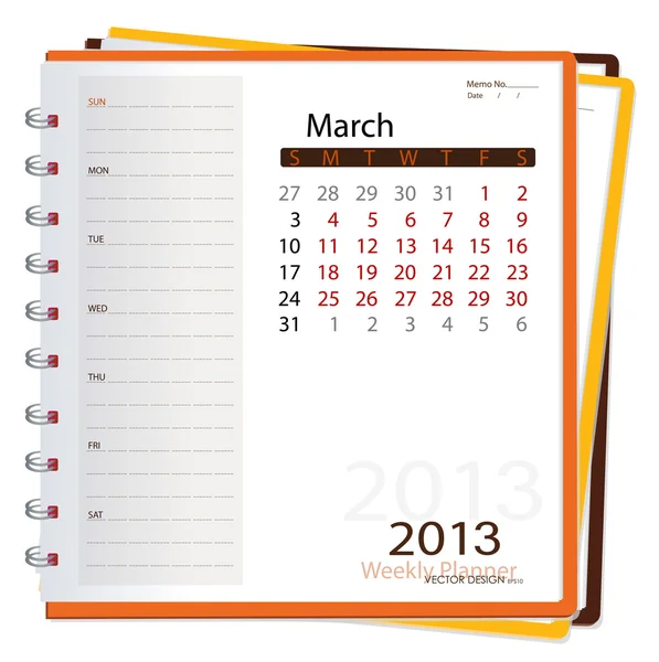 Carnet de calendrier 2013, mars. Illustration vectorielle . — Image vectorielle